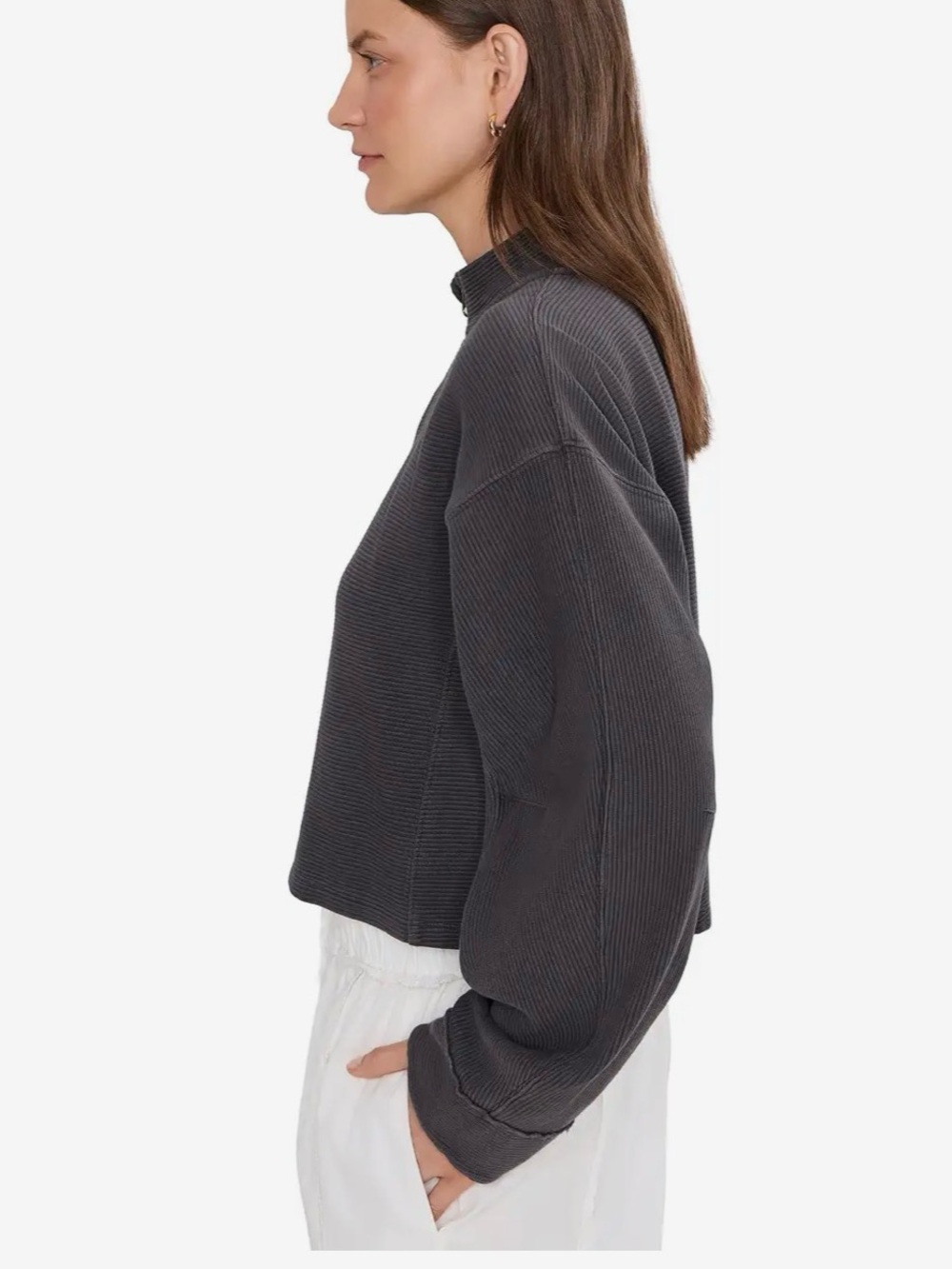 Free People ‘Celeste’ Charcoal Ribbed Zip-Up Hoodie with Brass Zipper - Picture 2 of 5